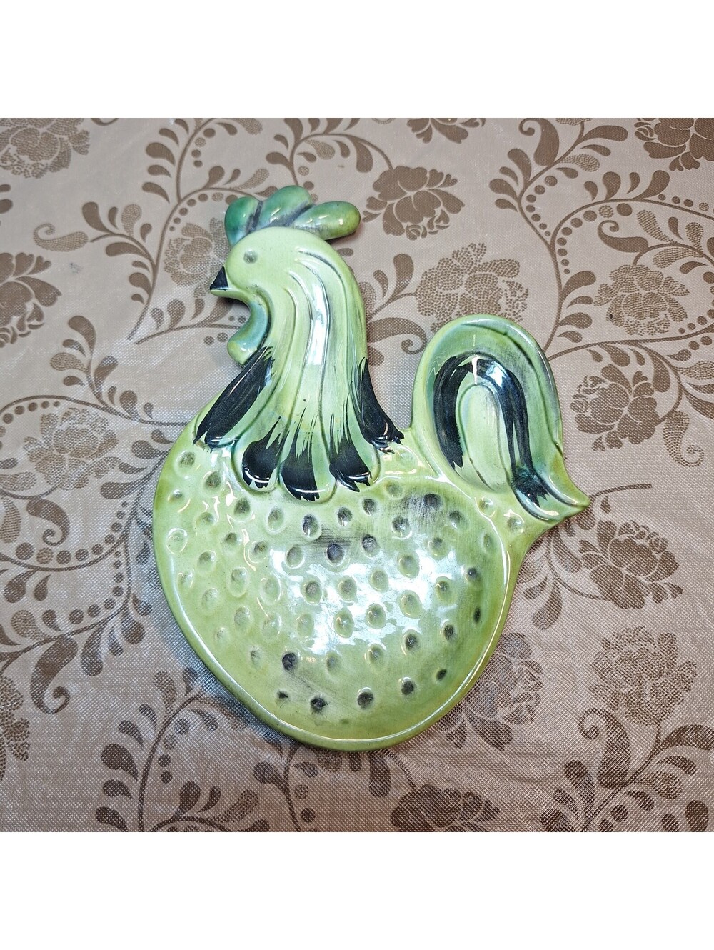 Avocado Green Vintage Rooster Spoon Rest C-633 Stamped on Back 7.5"H X 5.5"W